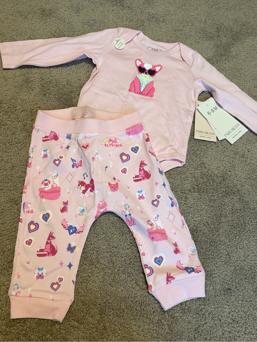 Paris Hilton Pink girls Matching Set outfit Long Sleeve Bodysuit & Pants 6-9M